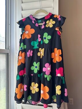 Girls' Black Floral Tiered Dress with Bright Multicolor Blooms